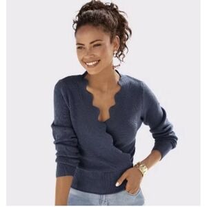 Venus x‎ Lascana Women's Blue Scalloped Crossover Sweater Size Large New $70